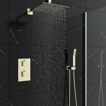Zestaw prysznicowy podtynkowy z deszczownicą kwadratową i termostatem złoty